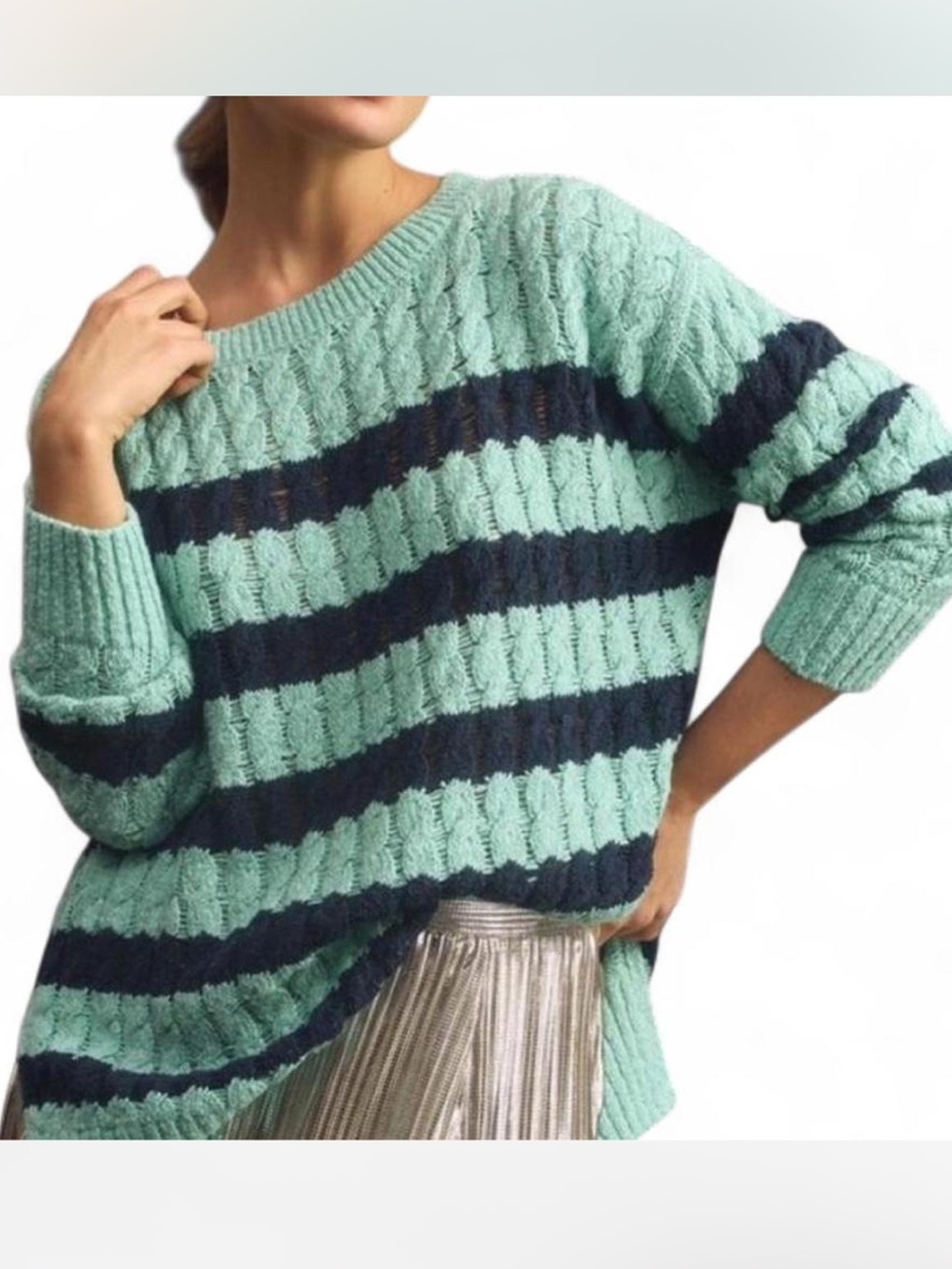 Anthropologie teal and navy cable stripe sweater